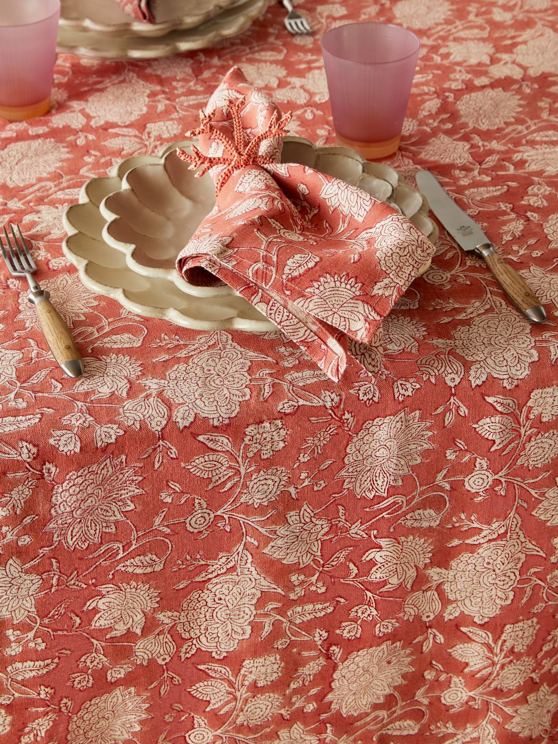 Chamois - Indian Rose Block-Printed Linen Rectangular Tablecloth (90.5in/2.3m) - Red - ABASK