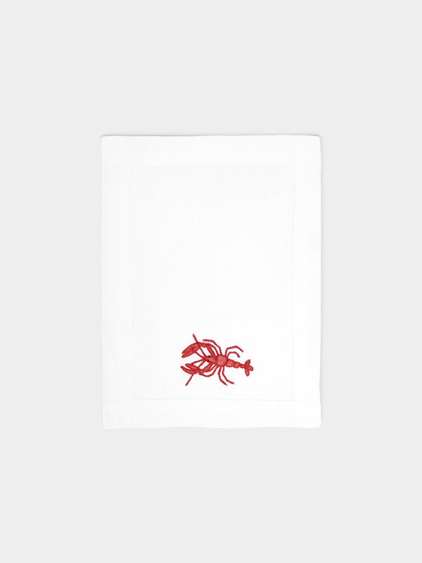 Loretta Caponi - Lobster Hand-Embroidered Linen Cocktail Napkins (Set of 6) -  - ABASK - 