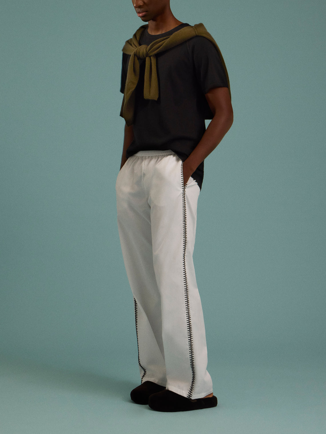 Sebline - Hand-Embroidered Cotton Pajama Trousers | Size: M/L - White - ABASK