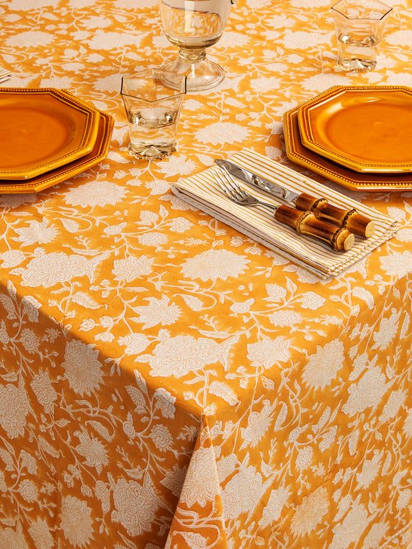 Chamois - Indian Rose Block-Printed Cotton Extra Large Rectangular Tablecloth - Orange - ABASK
