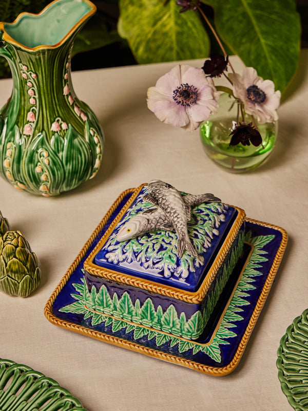 Verdolini - Fish Hand-Painted Majolica Ceramic Box with Stand - Navy - ABASK