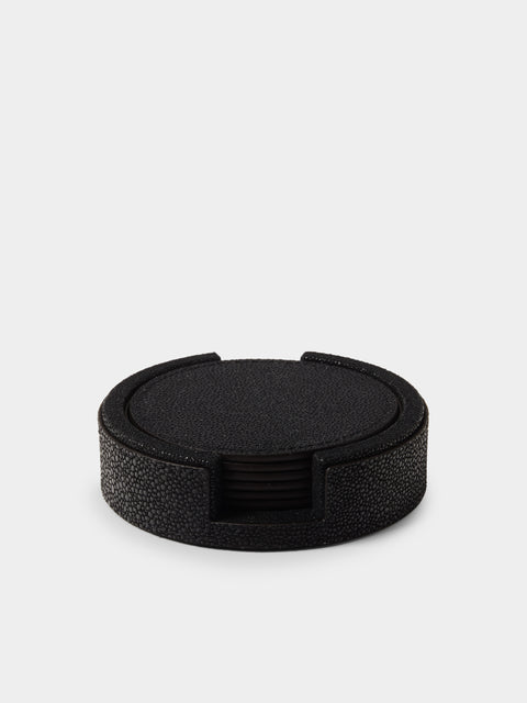 Pinetti - Leather Round Coasters (Set of 6) - Black - ABASK - 