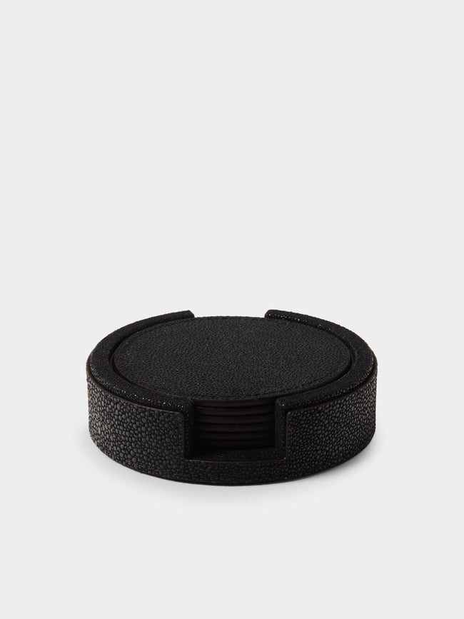 Pinetti - Leather Round Coasters (Set of 6) - Black - ABASK - 