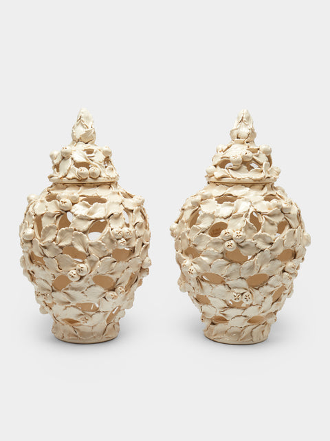 Antique and Vintage - 1940s Floral Relief Ceramic Vases (Set of 2) - Cream - ABASK - 