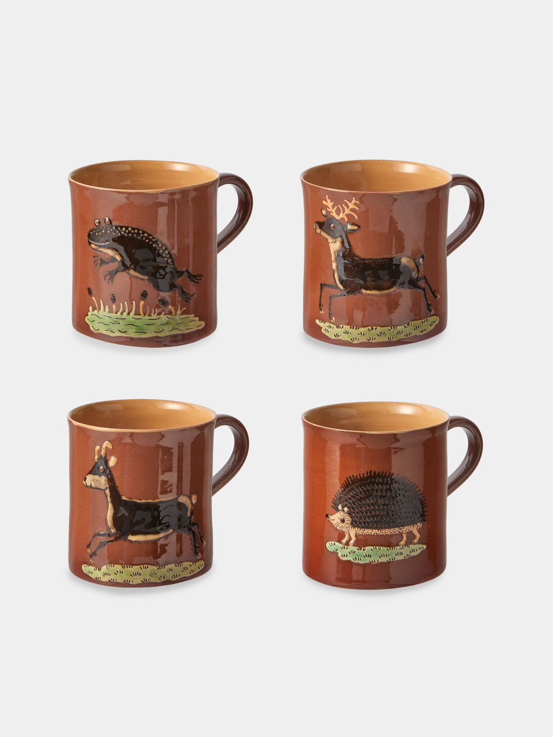 Poterie d’Évires - Animals Hand-Painted Ceramic Mugs (Set of 4) - Light Brown - ABASK - 