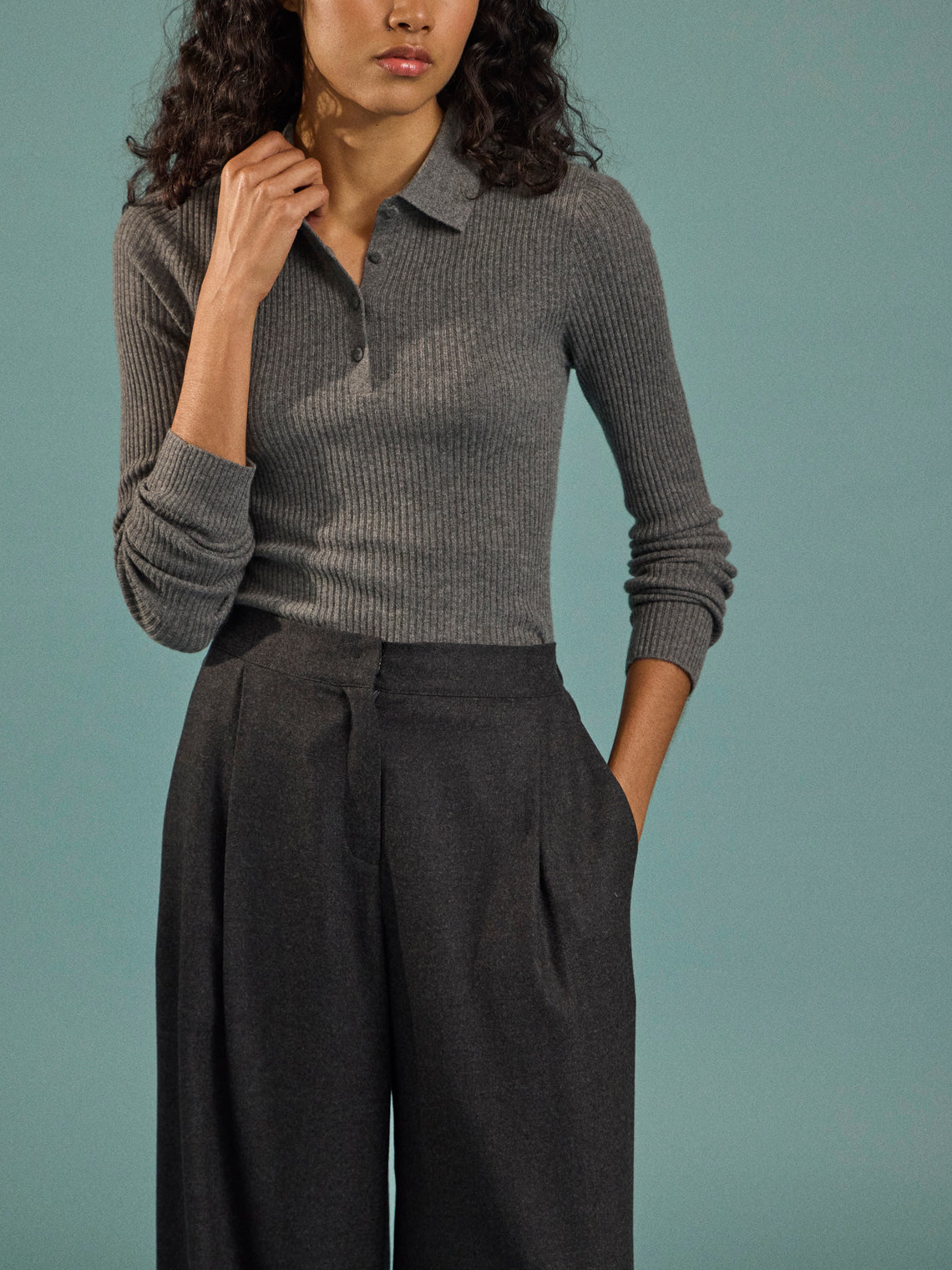 Arch4 - Nightingale Baby Goat Cashmere Long-Sleeved Polo Top | Size: S - Gray - ABASK