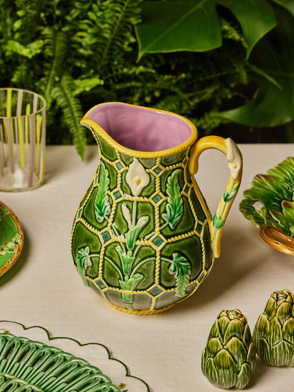 Verdolini - Calla Lily Hand-Painted Majolica Ceramic Pitcher - Green - ABASK