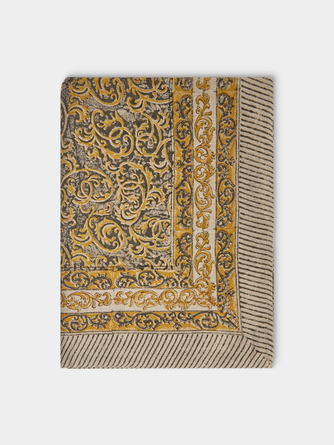 Chamois - Ornamental Block-Printed Linen Rectangular Tablecloth (106.5in/2.7m) - Multiple - ABASK - 