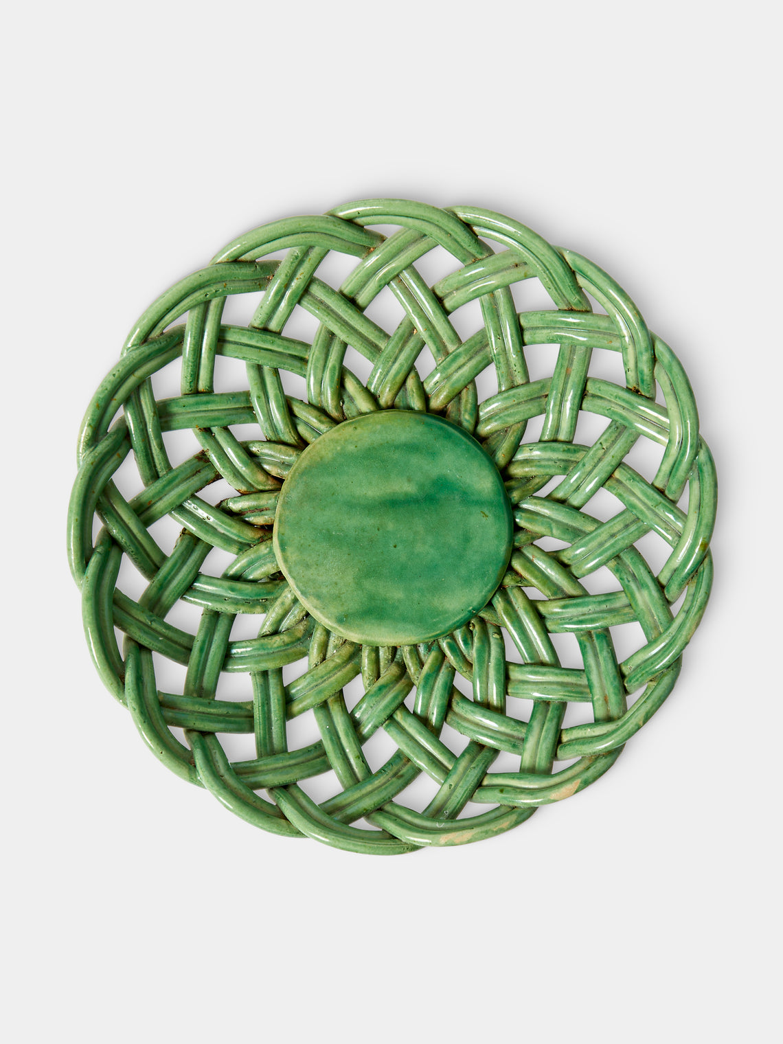 Antique and Vintage - Mid-Century Woven Ceramic Basket - Green - ABASK