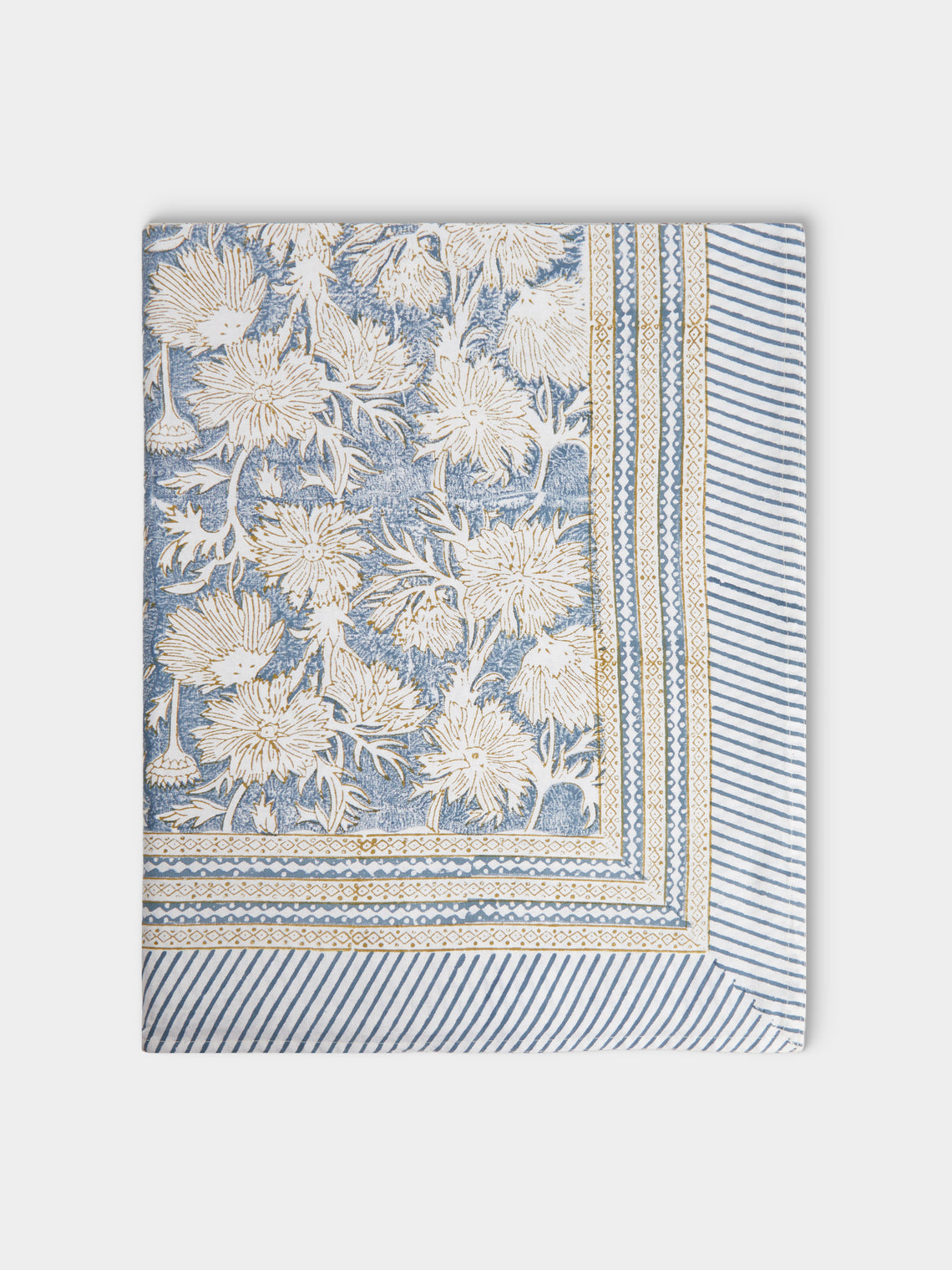 Chamois - Waterlily Block-Printed Cotton Rectangular Tablecloth (106.5in/2.7m) - Blue - ABASK - 