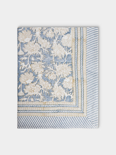 Chamois - Waterlily Block-Printed Cotton Rectangular Tablecloth (106.5in/2.7m) - Blue - ABASK - 