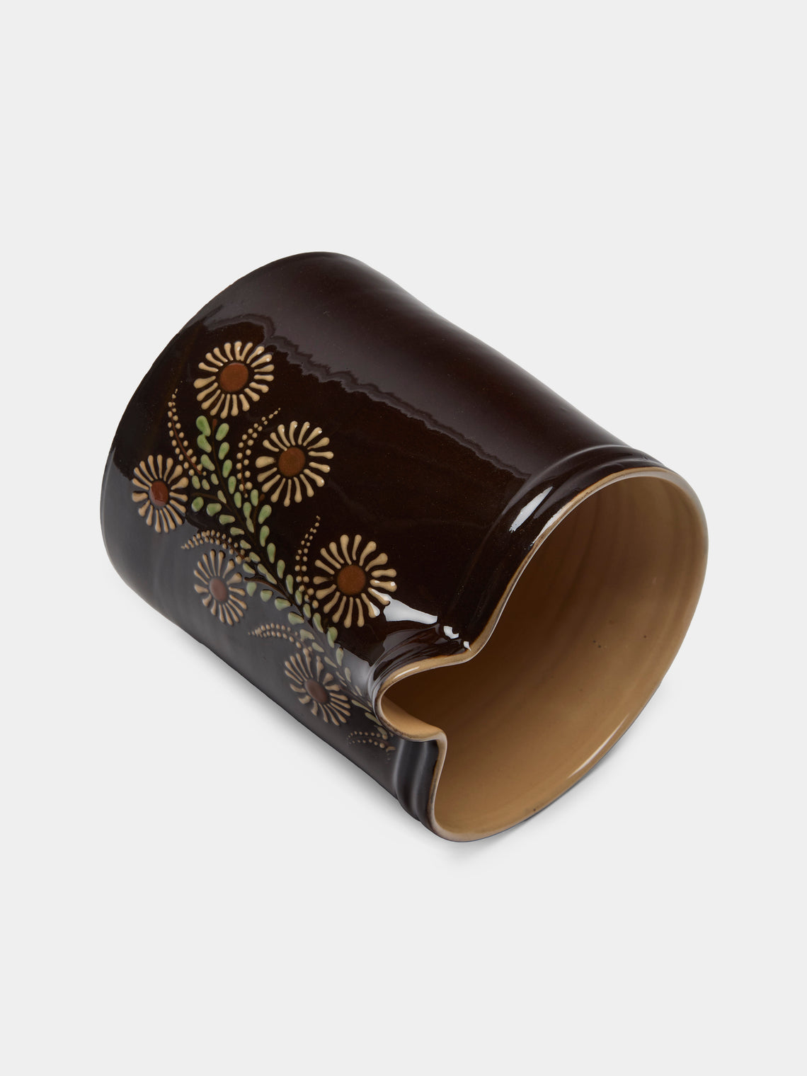 Poterie d’Évires - Flowers Hand-Painted Ceramic Straight-Edge Jug (70.5oz/2L) - Dark brown - ABASK