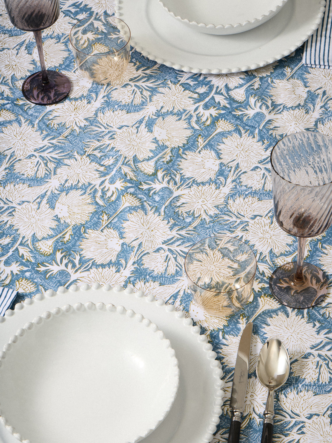 Chamois - Waterlily Block-Printed Cotton Rectangular Tablecloth (106.5in/2.7m) - Blue - ABASK