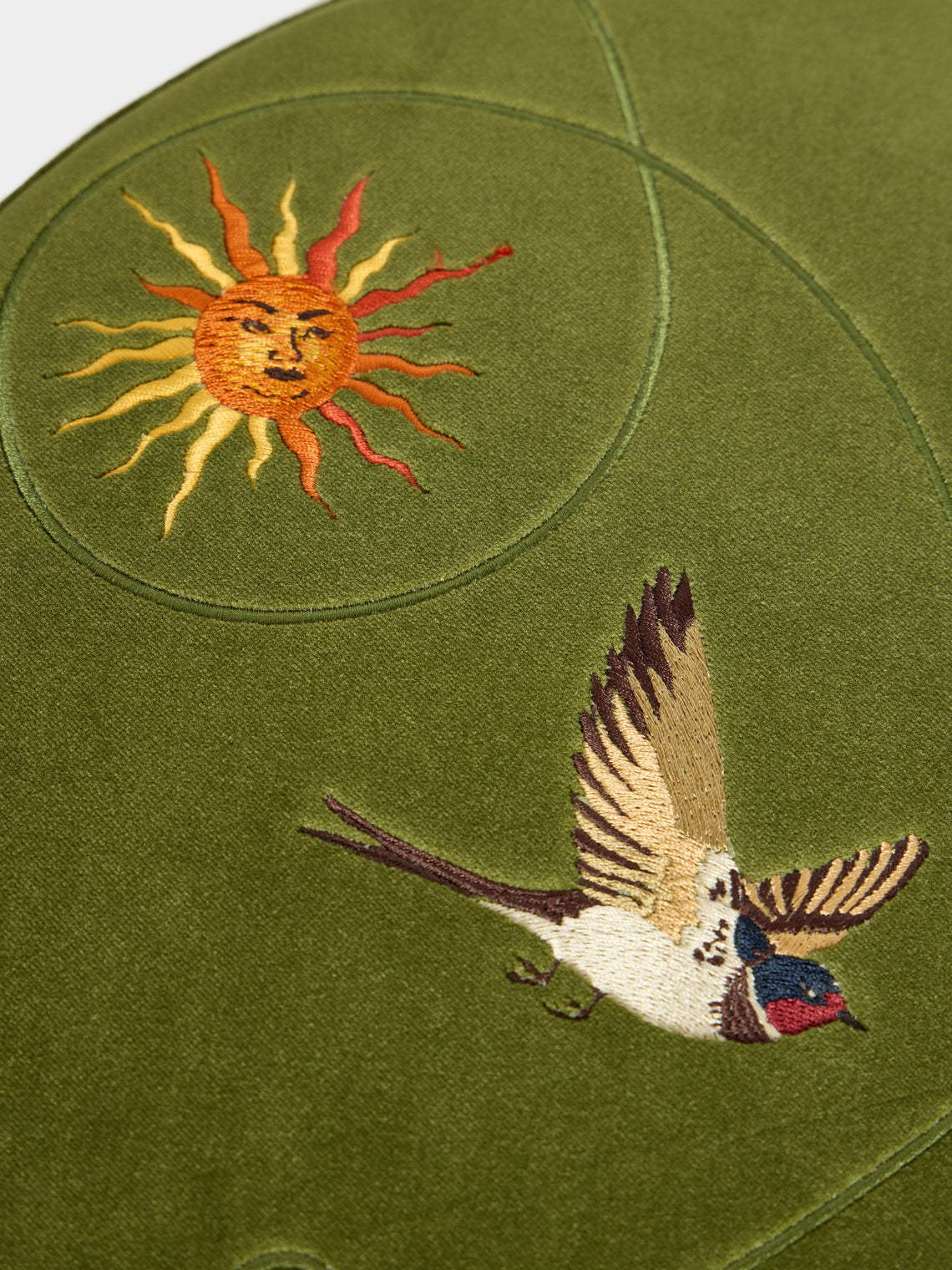 Uncommon Ancestor - Free Me Embroidered Velvet Round Footstool - Green - ABASK