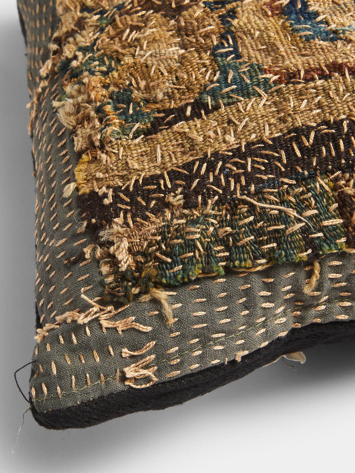 By Walid - 17th-Century French Tapestry and Linen Cushion (19.5in/50cm) - Navy - ABASK