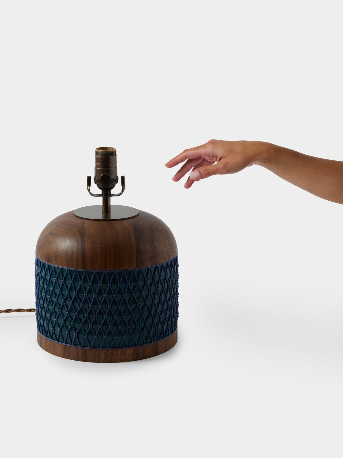Aimee Betts - Ricasso Barrel Walnut and Leather Short Table Lamp - Navy - ABASK