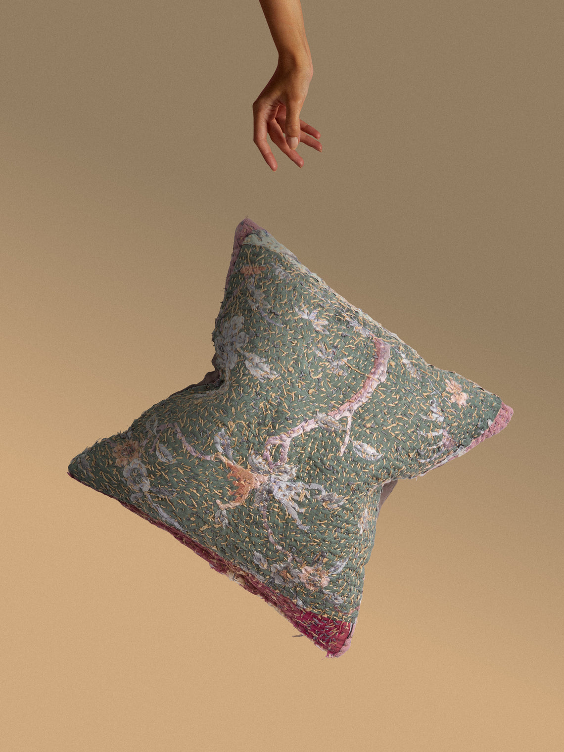 By Walid - 19th-Century Qing Dynasty Embroidered Silk and Marcella Cotton Cushion (13.5in/35cm) - Multiple - ABASK