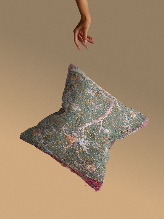 By Walid - 19th-Century Qing Dynasty Embroidered Silk and Marcella Cotton Cushion (13.5in/35cm) - Multiple - ABASK