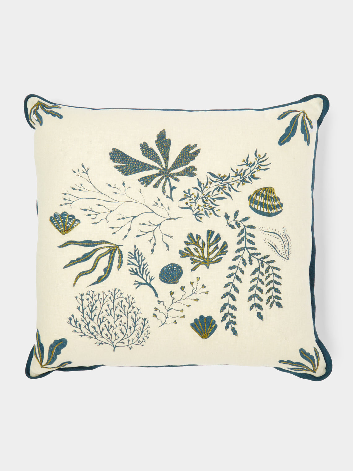 Rosemary Milner - Seaweed Hand-Embroidered Linen Cushion (19.5in/50cm) - White - ABASK - 