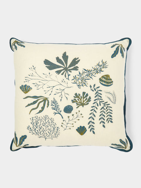 Rosemary Milner - Seaweed Hand-Embroidered Linen Cushion (19.5in/50cm) - White - ABASK - 