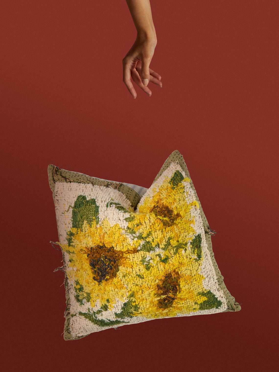 By Walid - 1920s French Needlepoint Wool and Ticking Fabric Cushion (18.5in/47cm) - Multiple - ABASK