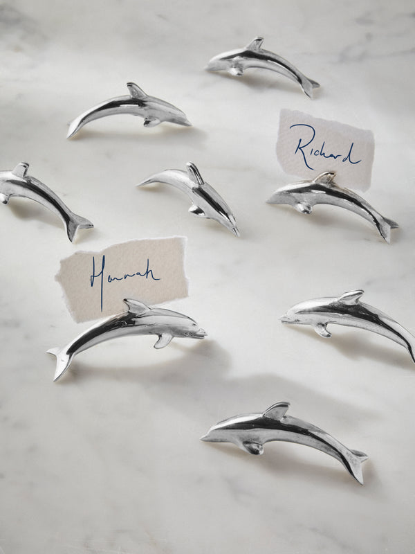 Antique and Vintage - Mid-Century Silver-Plated Dolphin Place Card Holders (Set of 8) - Silver - ABASK