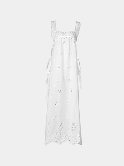 Loretta Caponi - Fiocco Embroidered Cotton Long Dress | Size: L -  - ABASK - 