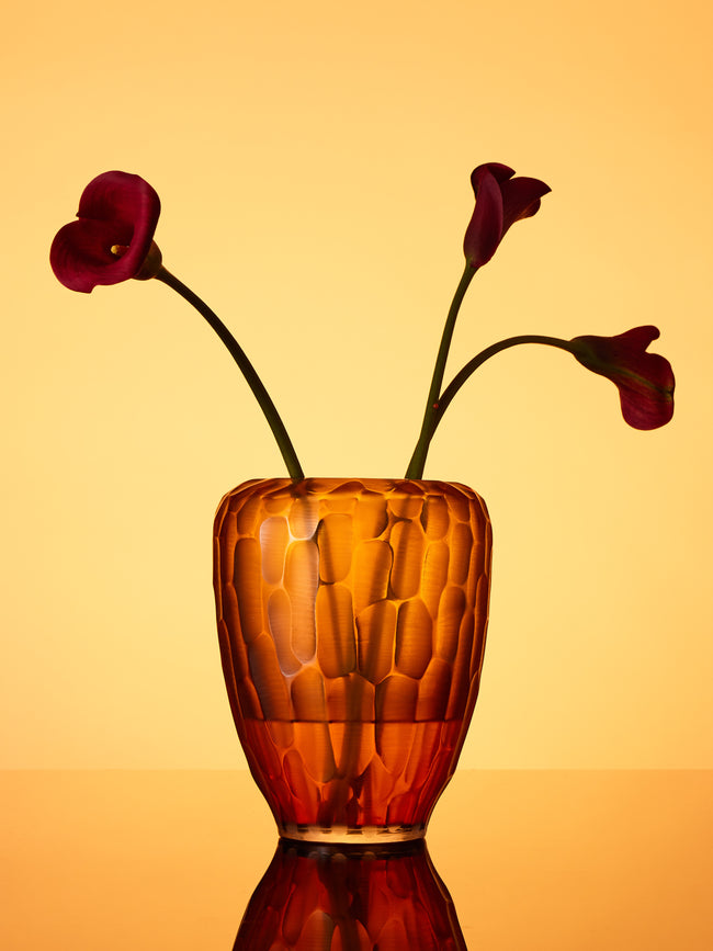 Micheluzzi Glass - Goccia Ambra Bamboo Hand-Blown Murano Glass Vase (9in/23cm) - Orange - ABASK