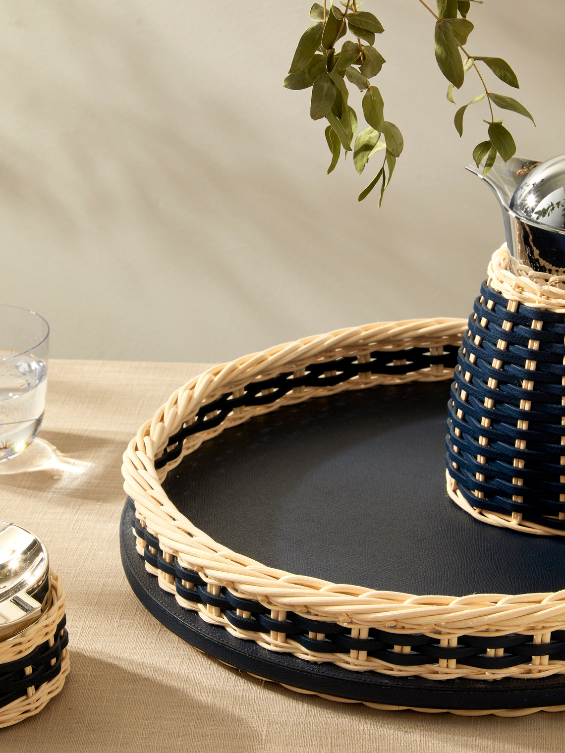 Pigment France - Orsay Leather and Rattan Round Tray (14.5in/37cm) - Blue - ABASK