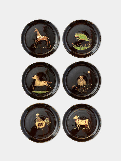 Poterie d’Évires - Animals Hand-Painted Ceramic Dinner Plates (Set of 6) - Dark brown - ABASK - 