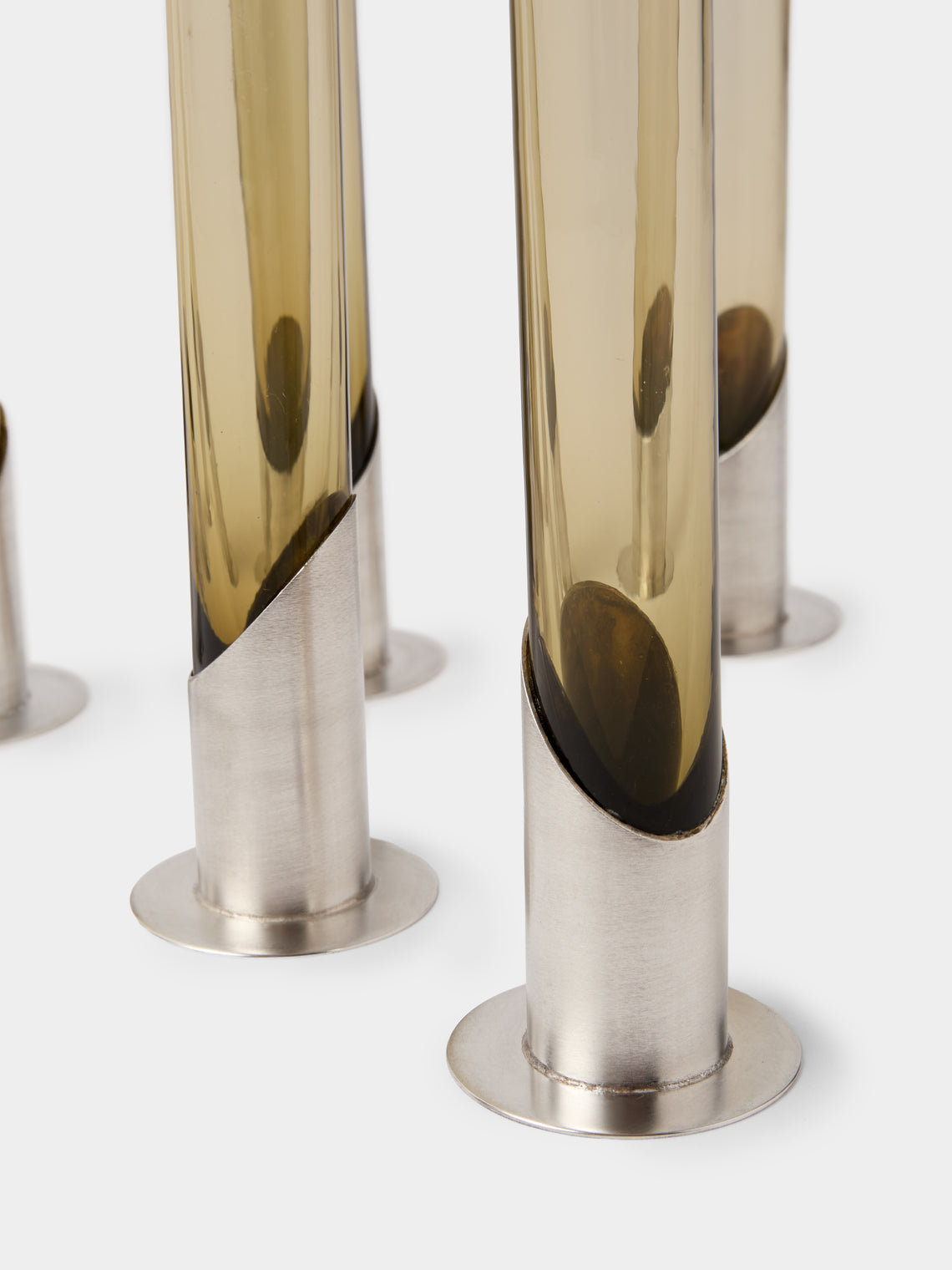 Antique and Vintage - | Set of 6 | 1970 Murano Glass and Sterling Silver Vases (9in/23cm) - Smoke - ABASK