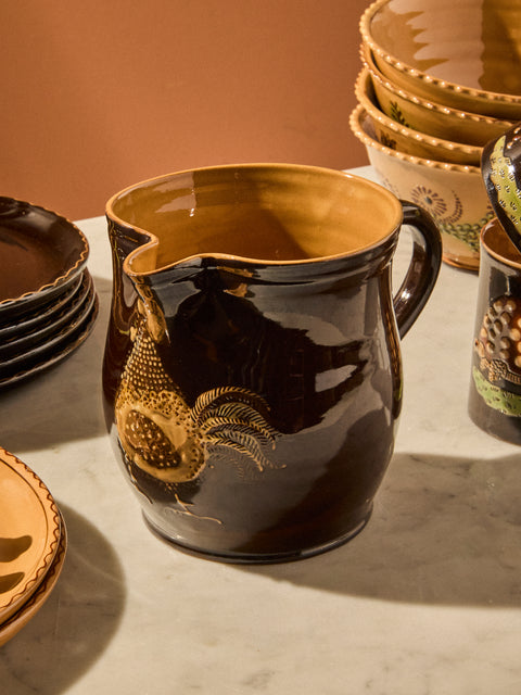 Poterie d’Évires - Chickens Hand-Painted Ceramic Medium Jug - Dark Brown - ABASK