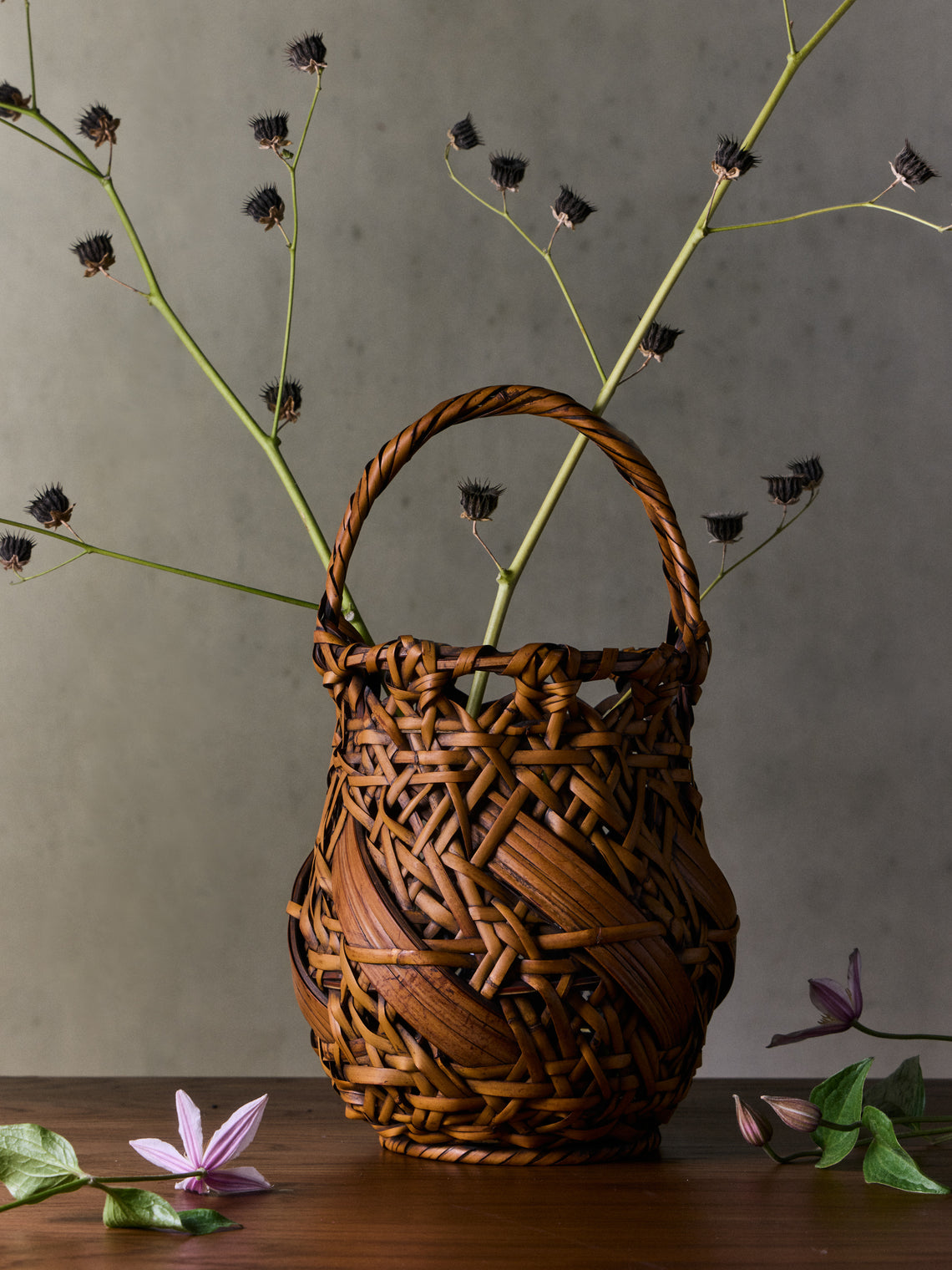 Antique and Vintage - Mid-Century Japanese Bamboo Ikebana Basket - Brown - ABASK