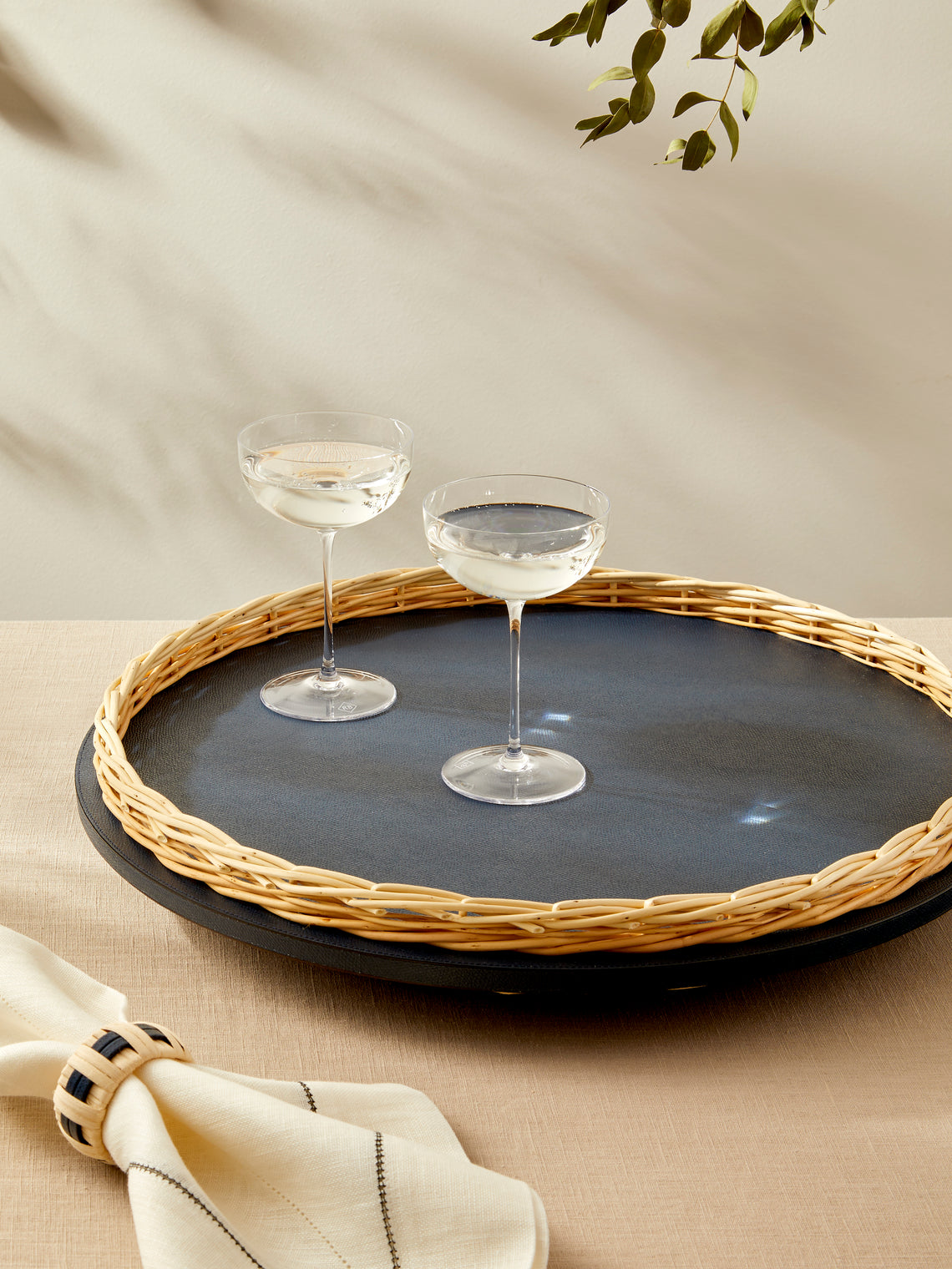Pigment France - Orsay Leather and Rattan Lazy Susan (18.5in/47cm) - Blue - ABASK