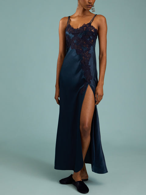 Loretta Caponi - Giadeite Silk and Lace Long Dress | Size: XS - Navy - ABASK