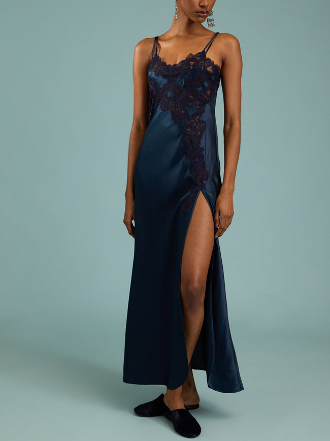Loretta Caponi - Giadeite Silk and Lace Long Dress | Size: XS - Navy - ABASK