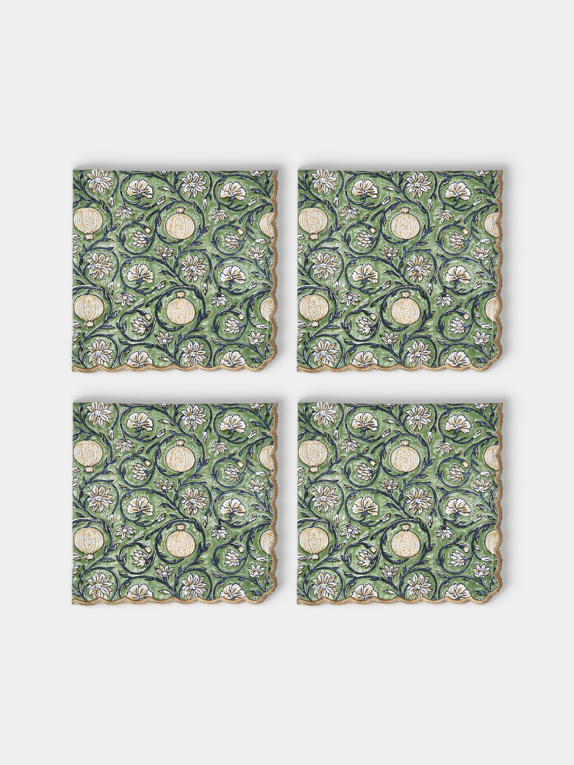 Chamois - Tangier Pomegranate Block-Printed Cotton Napkins (Set of 4) - Green - ABASK - 