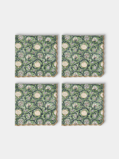 Chamois - Tangier Pomegranate Block-Printed Cotton Napkins (Set of 4) - Green - ABASK - 