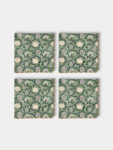 Chamois - Tangier Pomegranate Block-Printed Cotton Napkins (Set of 4) - Green - ABASK - 