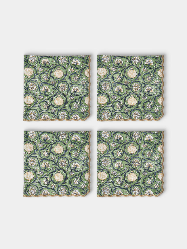 Chamois - Tangier Pomegranate Block-Printed Cotton Napkins (Set of 4) - Green - ABASK - 