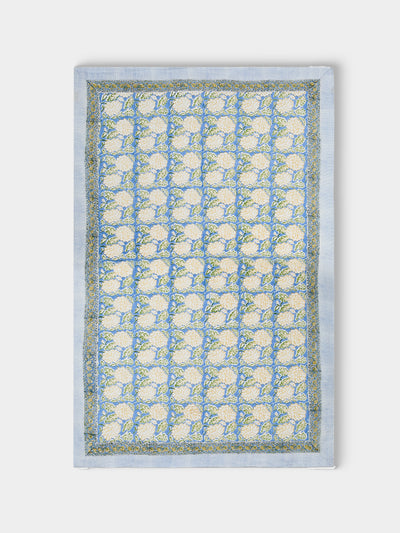 Chamois - Dahlia Block-Printed Linen Rectangular Tablecloth (90.5in/2.3m) - Blue - ABASK - 