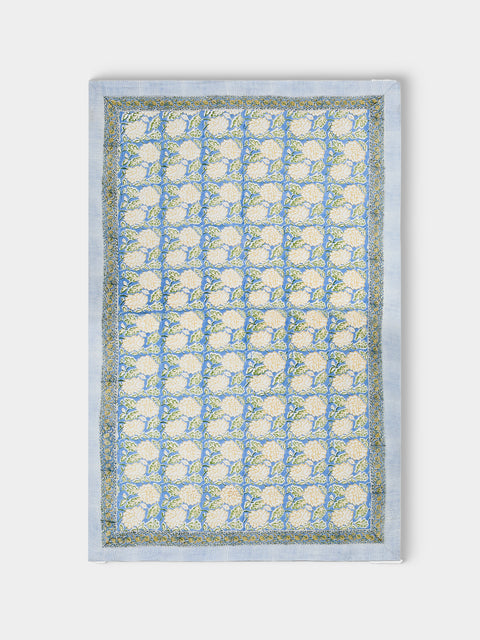 Chamois - Dahlia Block-Printed Linen Rectangular Tablecloth (90.5in/2.3m) - Blue - ABASK - 