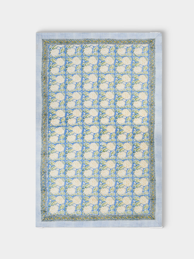 Chamois - Dahlia Block-Printed Linen Rectangular Tablecloth (90.5in/2.3m) - Blue - ABASK - 