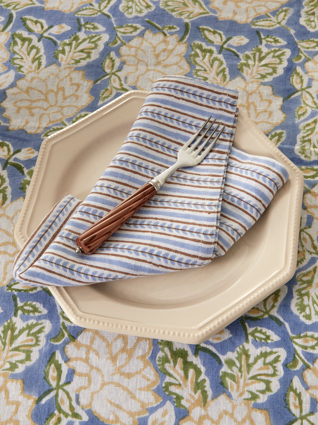 Chamois - Dahlia Block-Printed Linen Round Tablecloth (86.5in/2.2m) - Blue - ABASK