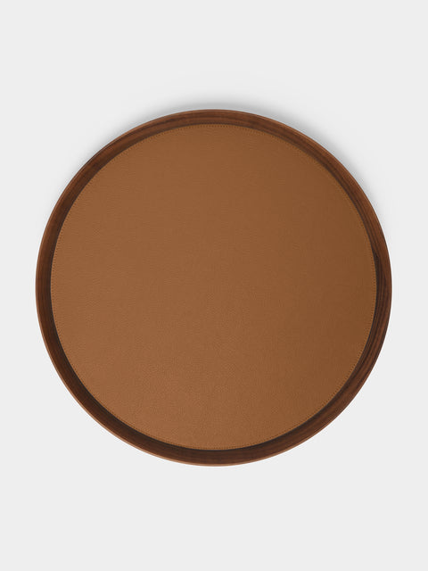 Giobagnara x Poltrona Frau - Walnut and Leather Round Tray (16.5in/42cm) - Tan - ABASK - 