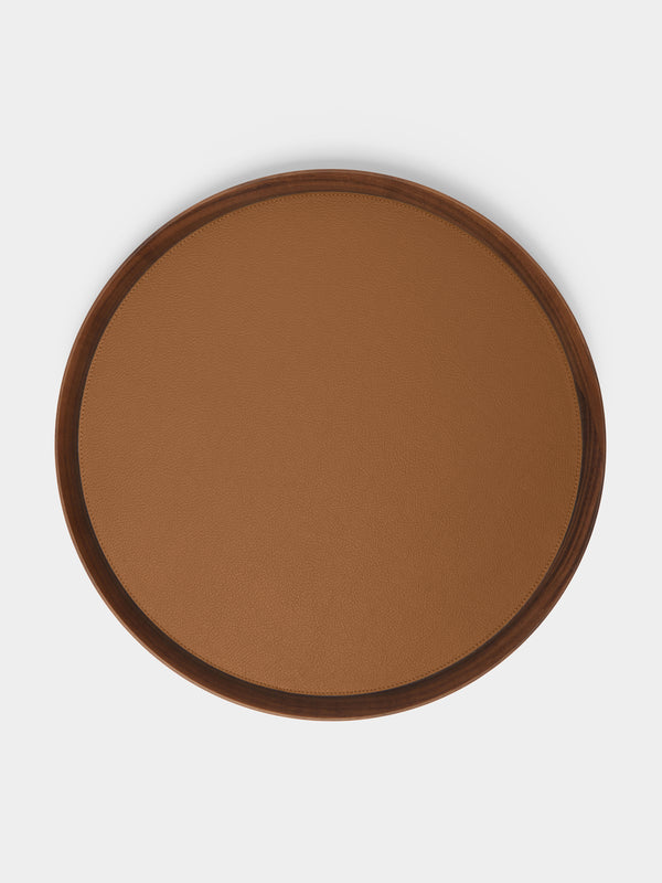 Giobagnara x Poltrona Frau - Walnut and Leather Round Tray (16.5in/42cm) - Tan - ABASK - 