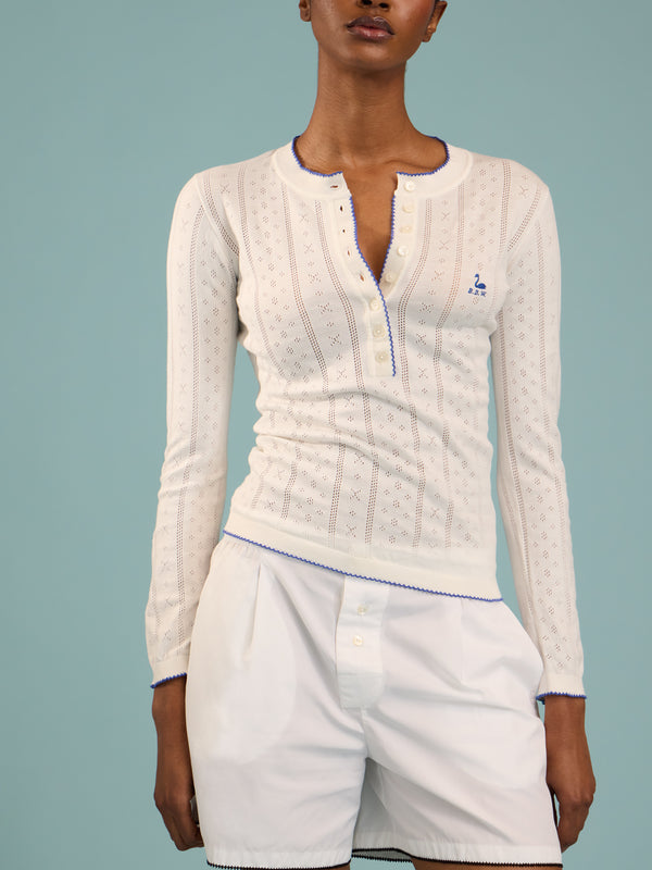 B.B. Wallace - Piper Cotton Pointelle Henley Long-Sleeved T-Shirt | Size: S - White - ABASK