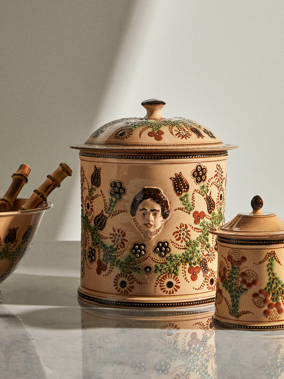 Poterie d’Évires - Flowers and People Hand-Painted Ceramic Extra Large Pot - Cream - ABASK