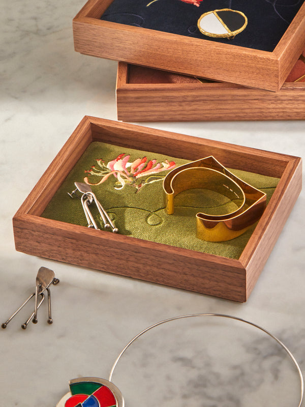 Uncommon Ancestor - Floriography Honeysuckle Embroidered Velvet Jewelry Tray (6.5in/17cm) - Green - ABASK