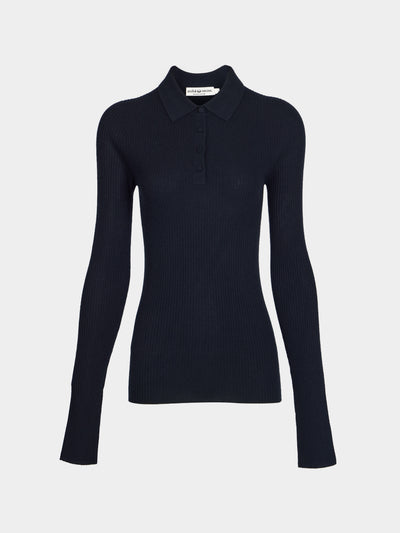 Arch4 - Nightingale Baby Goat Cashmere Long-Sleeved Polo Top | Size: S - Navy - ABASK - 
